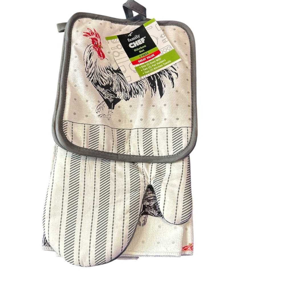 Rooster Oven Mitt and Pot Holder Set - Gray and White